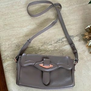 Women’s dove grey leather crossbody purse with rose gold hardware